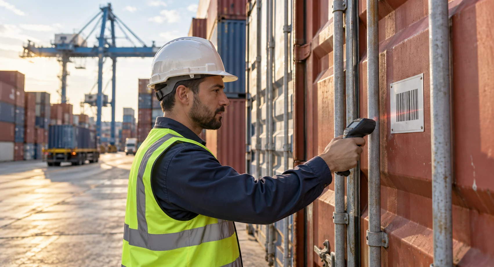 AI-generated illustration of a logistics worker scanning a shipping container identification barcode.