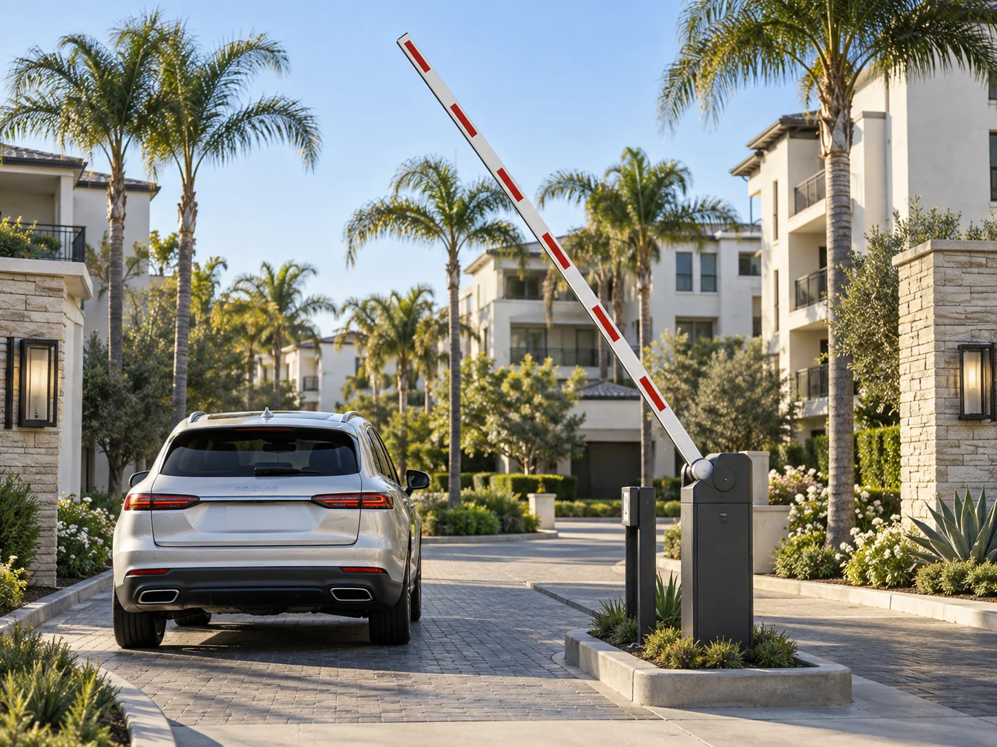 Illustrative condominium entrance with an automatic barrier arm raised for vehicle access.